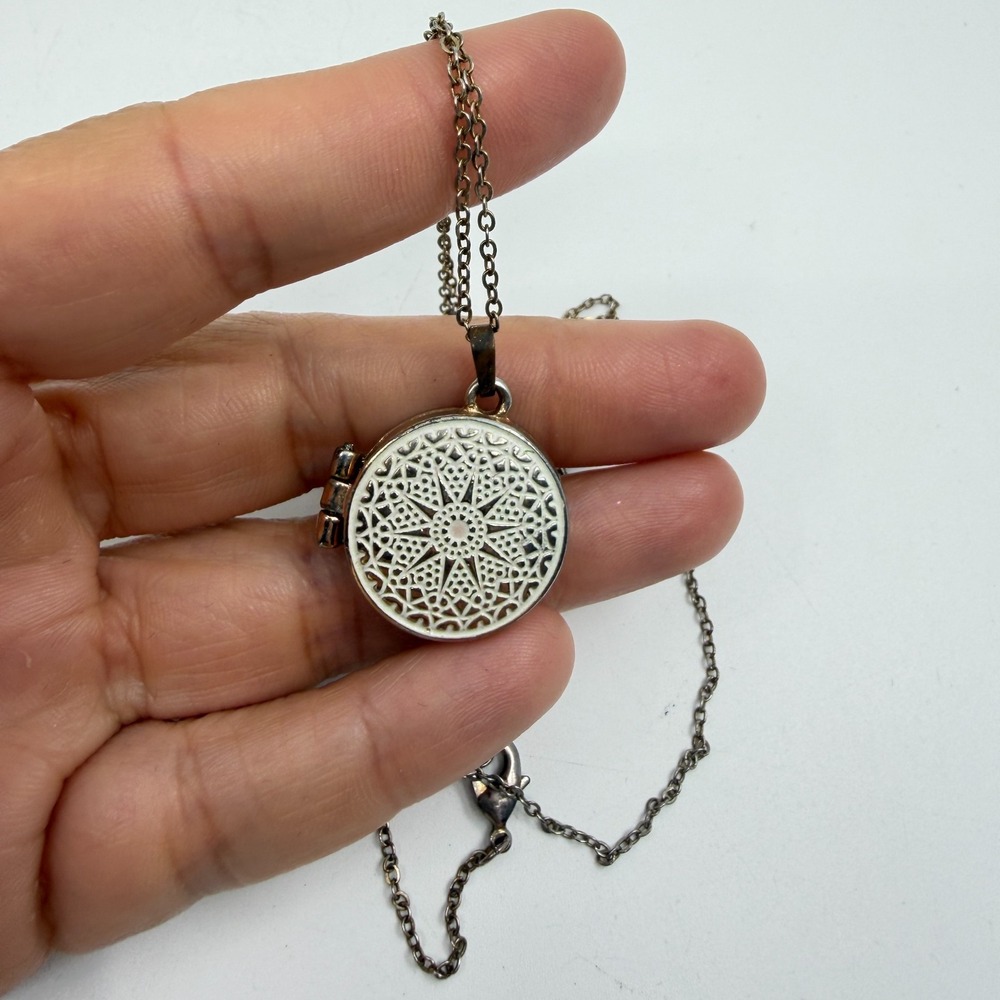 Intricate Mandala Locket Necklace Celestial Round Pendant Boho Silver Tone Gift